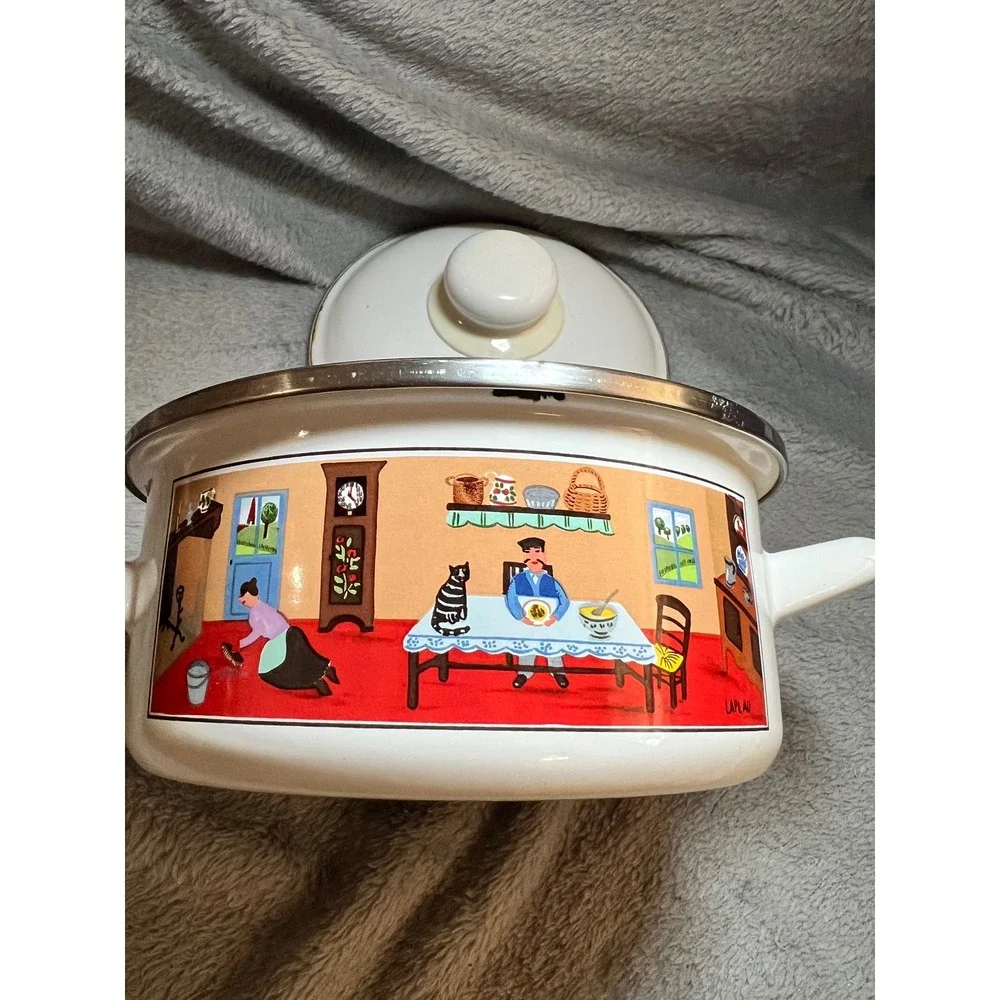 Villeroy & Boch Naif‎ Enamel Pot w/ Lid Double Handle Folk Art Laplau Germany